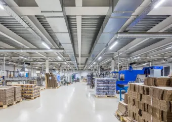 A warehouse with modern lighting. 
